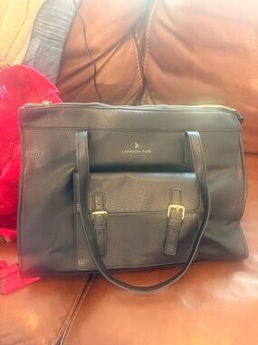 London Fog Black Leather Tote with Front Buckle Pocket